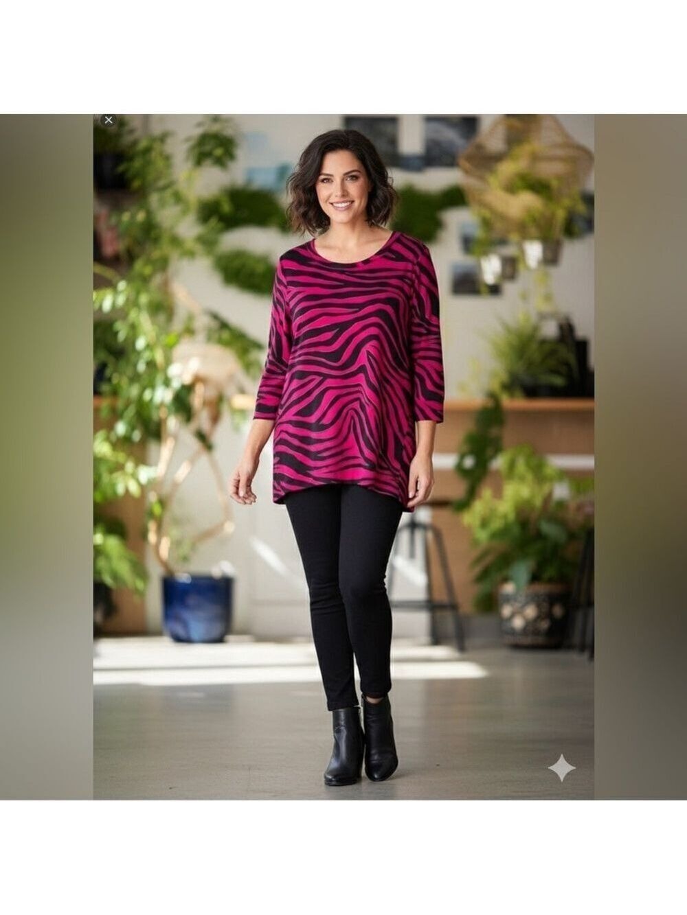 CHICO’S ZENERGY French Terry Fuschia Black Zebra Print Tunic Top 3/4 Sleeve 16